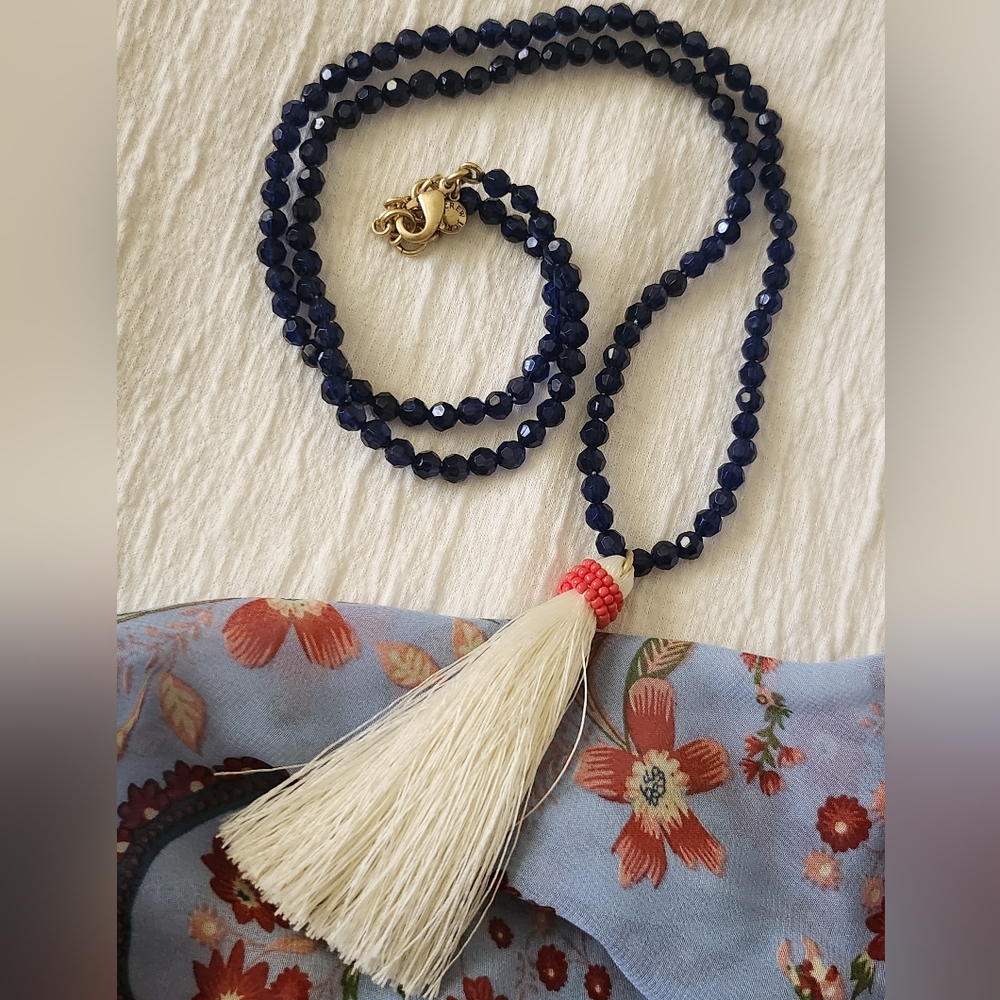 J. Crew Navy Beaded Necklace White Tassel